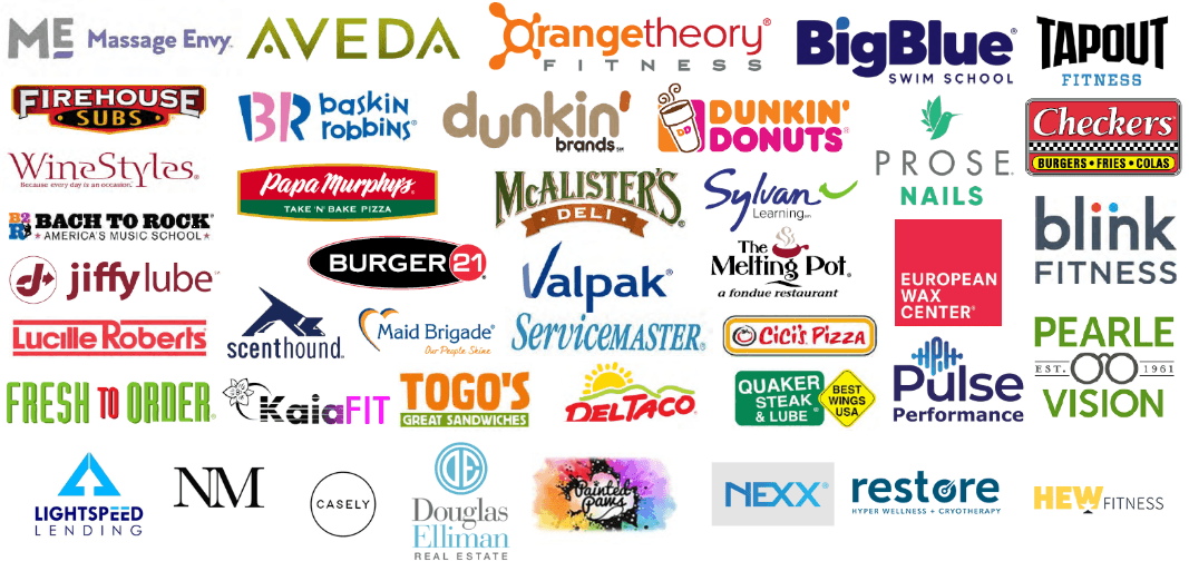 Previous client logos across franchise, fitness, food service, wellness, real estate, lending, and local service brands